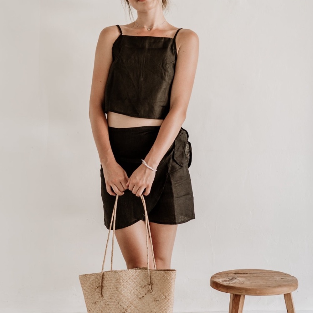 Black Linen Mini Skirt with Side Tie